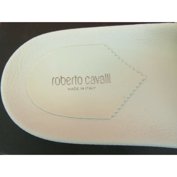 ROBERTO CAVALLI WHITE LEATHER SUEDE ANTIQUE SILVER LOGO SANDALS SLIDES 41.5/8.5 main image 8
